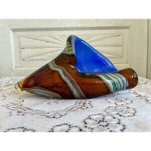Vintage MCM Murano Encased Glass Conch Shell Brown Cobalt blue